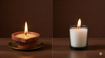 A Veda & Co ghee diya flame compared to a wax candle flame — side by side — Veda & Co
