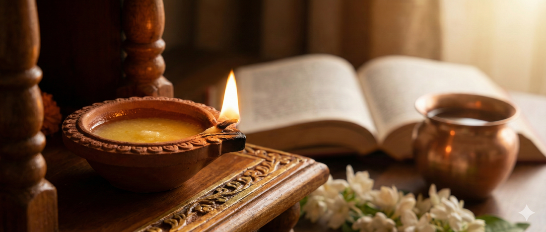 Establish the deep religious significance of using pure ghee over oil or wax.