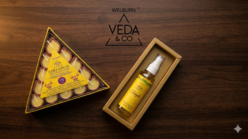 Veda & Co ghee diya pack neatly presented as a Diwali gift with puja spray — Veda & Co
