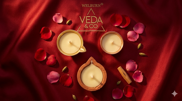 Assorted ghee diyas in clay, brass, and copper arranged on a puja thali — Veda & Co