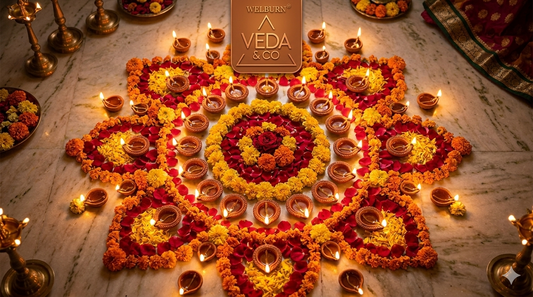 Rows of lit ghee diyas arranged in a decorative pattern on a Diwali-decorated floor — Veda & Co