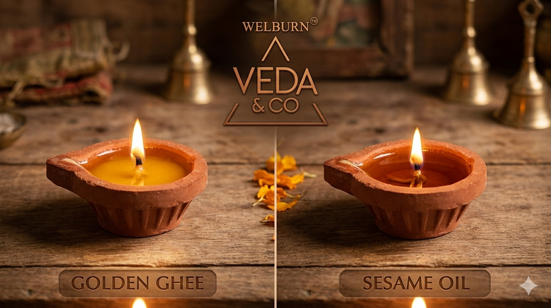Side-by-side comparison of a ghee diya and an oil diya lit on a puja thali — Veda & Co