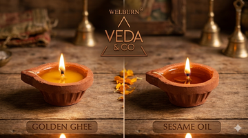 Side-by-side comparison of a ghee diya and an oil diya lit on a puja thali — Veda & Co