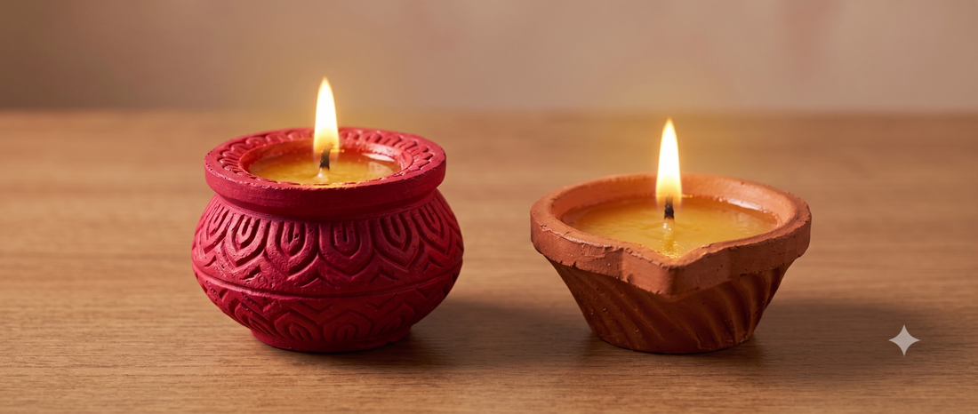 A rounded matki diya placed beside a traditional flat diya for a side-by-side comparison
