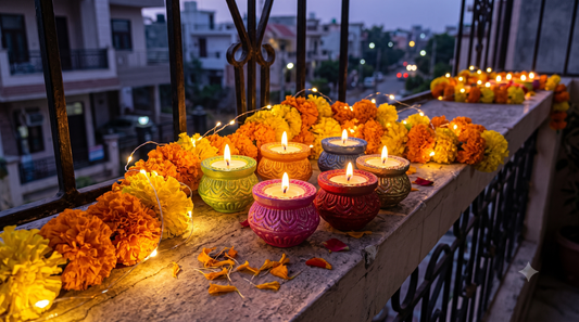 A cluster of matki diyas styled together on a balcony ledge with marigold flowers for Diwali