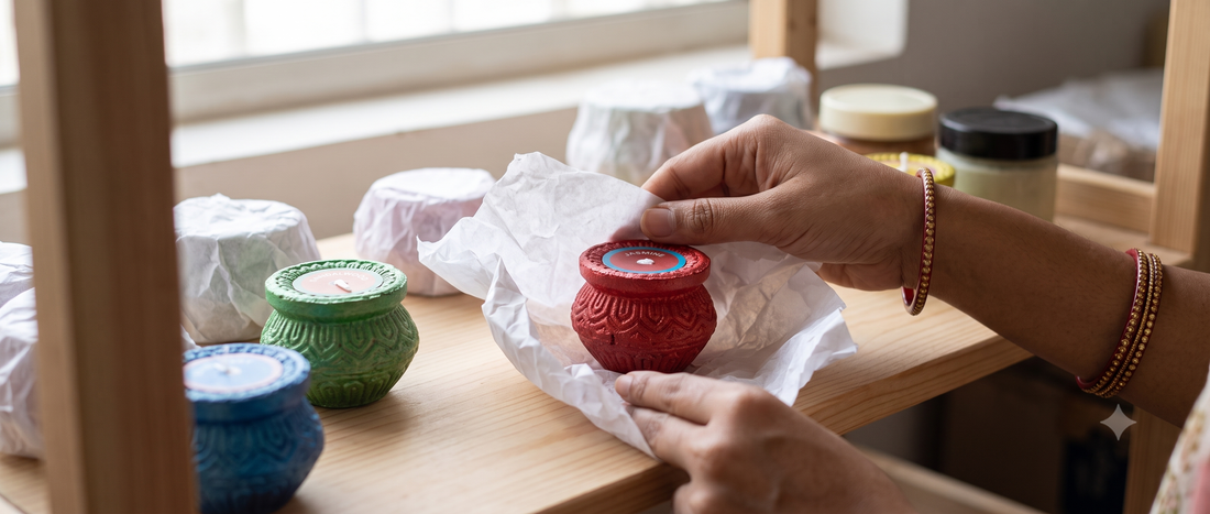 A hand-painted terracotta matki diya being wiped clean and stored in tissue paper after use