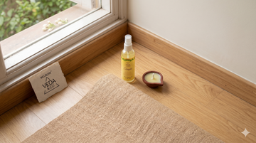 Veda & Co puja spray being used as an instant room freshener — four fragrance options visible — Veda & Co