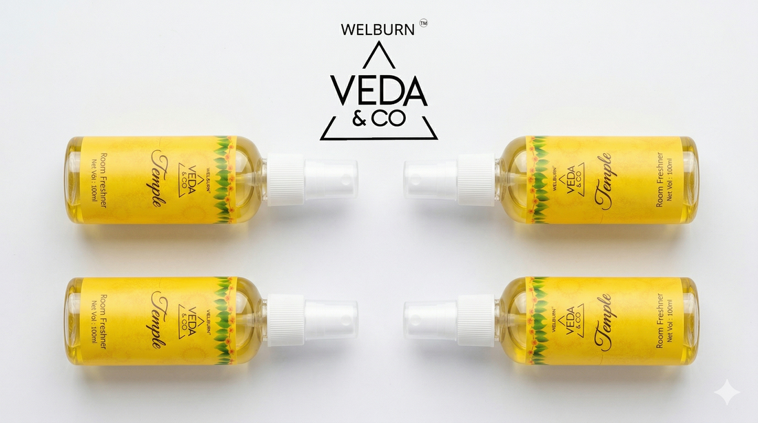 Four Veda & Co puja spray fragrances — Jasmine, Camphor, Golden Flower, Temple — arranged for comparison — Veda & Co
