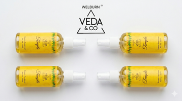 Four Veda & Co puja spray fragrances — Jasmine, Camphor, Golden Flower, Temple — arranged for comparison — Veda & Co
