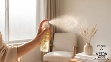 Veda & Co puja spray being used before a meditation session in a calm home space — Veda & Co
