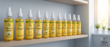 Puja spray bottles stored neatly on a shaded shelf away from direct sunlight  