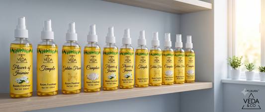 Puja spray bottles stored neatly on a shaded shelf away from direct sunlight  