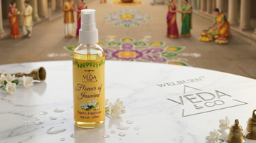 Close-up of Veda & Co non-alcoholic aqua-based puja spray bottle on a clean surface — safe, eco-friendly and paraben-free room freshener