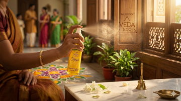 Person holding Veda & Co puja spray bottle mid-spritz in a bright sunlit room —  room freshener for everyday home use