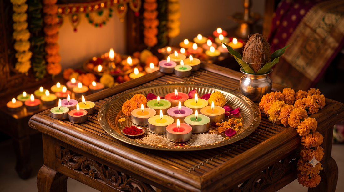 Rows of lit scented tealight candles arranged for pooja and festive home decoration