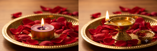 A scented tealight candle placed beside a traditional lit ghee diya for a pooja comparison