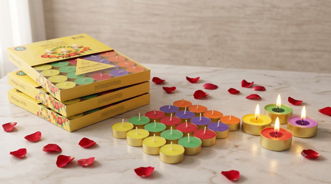 Several packs of scented tealight candles with different burn-time labels displayed together