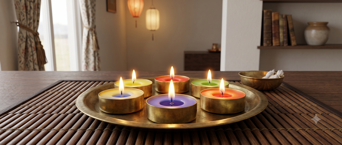 A scented tealight candle placed safely on a heat-resistant tray away from fabric and paper decorations