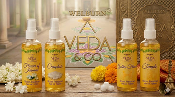 Veda & Co puja spray bottles — Jasmine, Camphor, Golden Flower and Temple fragrances — displayed as long-lasting non-alcoholic room freshener for home and office