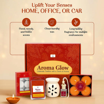 Welburn Veda&Co® AromaGlow Diwali Gift Hamper | Ceramic Oil Burner with Wax Melts, Tealight Candles, Car Perfume, Scented Diyas | Premium Home & Office Festival Gift Set | Decorative & Aromatic Combo