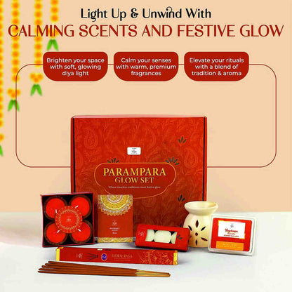 Welburn Veda&Co® Parampara Glow Diwali Gift Box | Ceramic Aroma Burner, Wax Melts, Tealights, Scented Diyas, Fragrance Sachet & Incense Sticks | Festive Home Decor & Premium Gifting Set