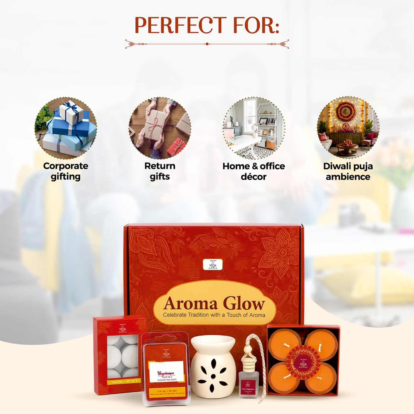 Welburn Veda&Co® AromaGlow Diwali Gift Hamper | Ceramic Oil Burner with Wax Melts, Tealight Candles, Car Perfume, Scented Diyas | Premium Home & Office Festival Gift Set | Decorative & Aromatic Combo
