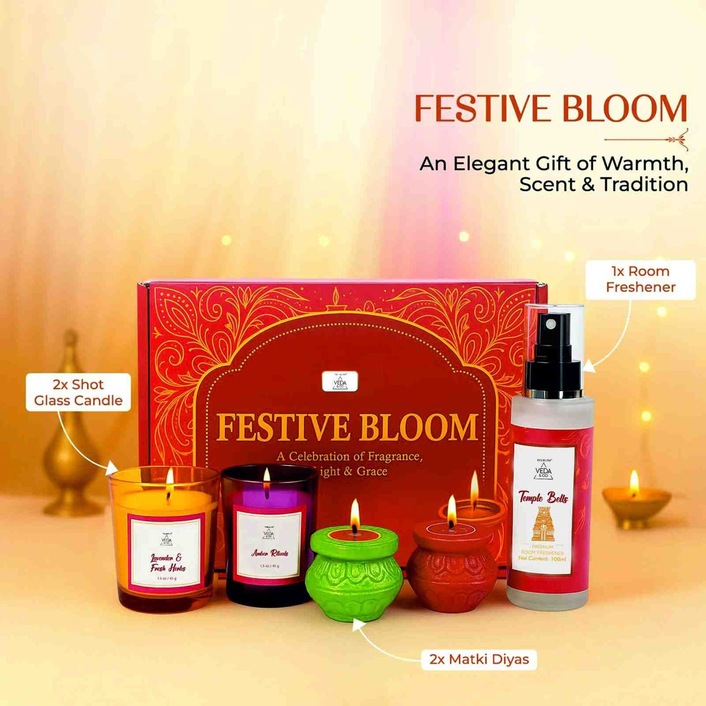 Welburn Veda&Co® Festive Bloom Diwali Gift Hamper | Scented Candle, Room Freshener & Traditional Diyas | Premium Fragrance & Decor Gift Box for Home, Office, Friends, Family & Corporate Gifting