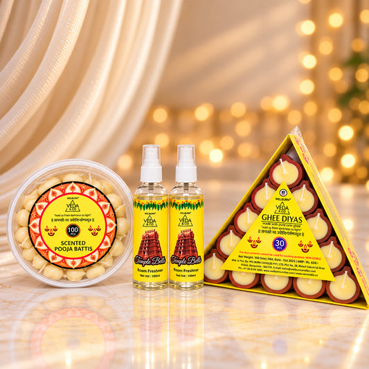 Ghee Diya (30 Pcs), Ghee Batti (100 Pcs) & Puja Spray (2 Pcs) Combo