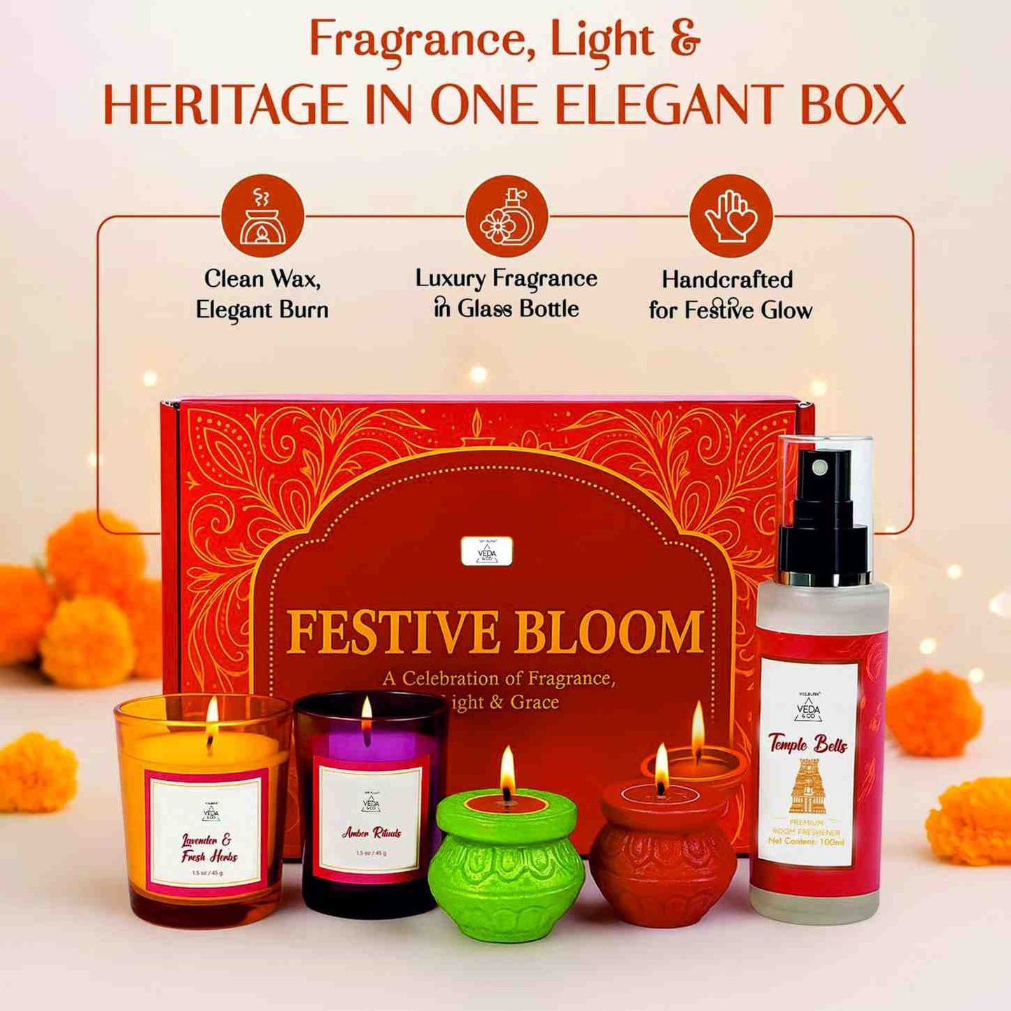 Welburn Veda&Co® Festive Bloom Diwali Gift Hamper | Scented Candle, Room Freshener & Traditional Diyas | Premium Fragrance & Decor Gift Box for Home, Office, Friends, Family & Corporate Gifting