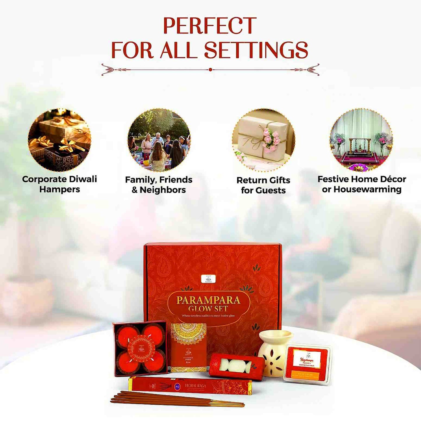 Welburn Veda&Co® Parampara Glow Diwali Gift Box | Ceramic Aroma Burner, Wax Melts, Tealights, Scented Diyas, Fragrance Sachet & Incense Sticks | Festive Home Decor & Premium Gifting Set