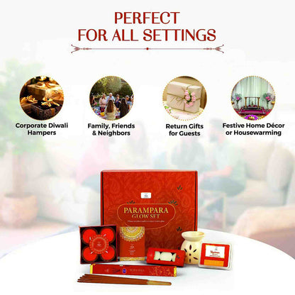 Welburn Veda&Co® Parampara Glow Diwali Gift Box | Ceramic Aroma Burner, Wax Melts, Tealights, Scented Diyas, Fragrance Sachet & Incense Sticks | Festive Home Decor & Premium Gifting Set