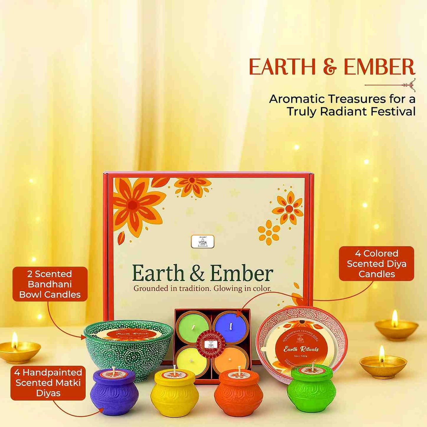 Welburn Veda&Co® Earth & Ember Diwali Gift Set | 2 Scented Bandhani Bowl Candles, 4 Handpainted Matki Diyas & 4 Scented Diyas | Festive Decor & Gifting | Clean Wax | Premium Fragrance | Pooja Ready