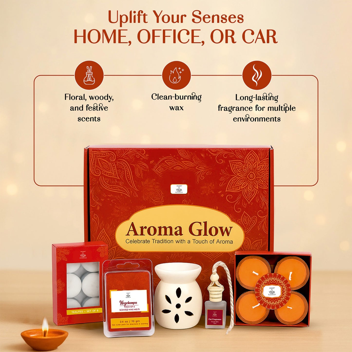 Welburn Veda&Co® AromaGlow Diwali Gift Hamper | Ceramic Oil Burner with Wax Melts, Tealight Candles, Car Perfume, Scented Diyas | Premium Home & Office Festival Gift Set | Decorative & Aromatic Combo