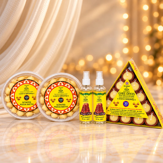 Ghee Diya (30 Pcs), Ghee Batti (200 Pcs) & Puja Spray (2 Pcs) Combo
