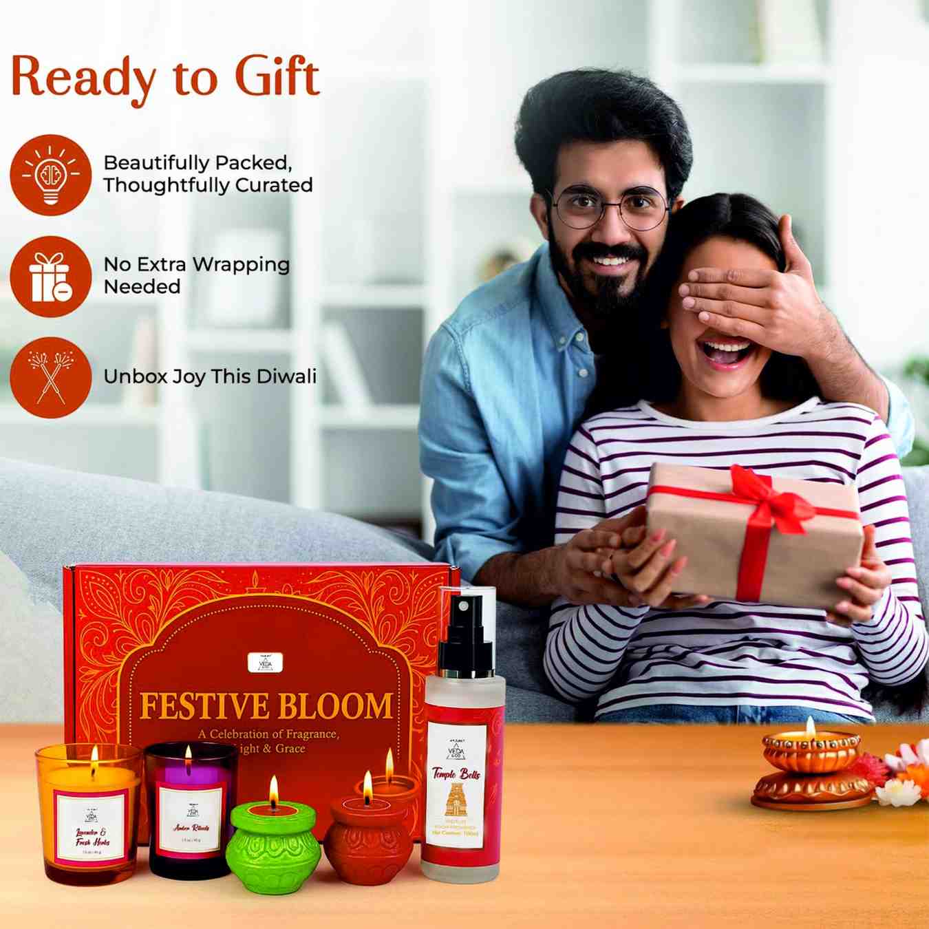 Welburn Veda&Co® Festive Bloom Diwali Gift Hamper | Scented Candle, Room Freshener & Traditional Diyas | Premium Fragrance & Decor Gift Box for Home, Office, Friends, Family & Corporate Gifting