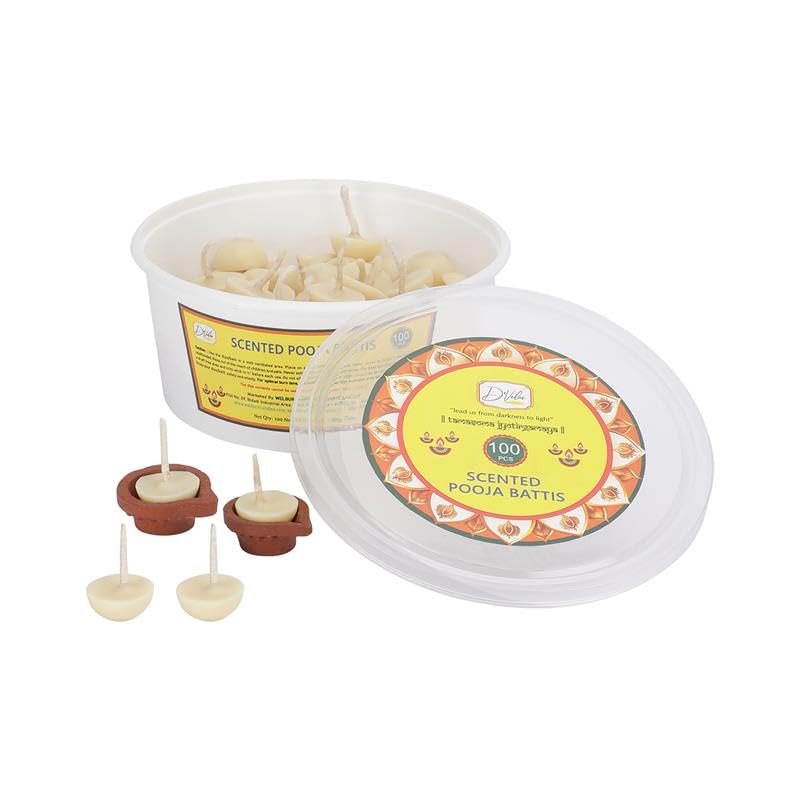 Welburn Veda&Co® Spritual Fragrance Cow Ghee Blend Batti Pack of 100 for Diwali Puja Hawan | Diya Batti with Cotton Wick | Long Burning | Ready to Use Pooja Batti for Pooja, Divine Worship