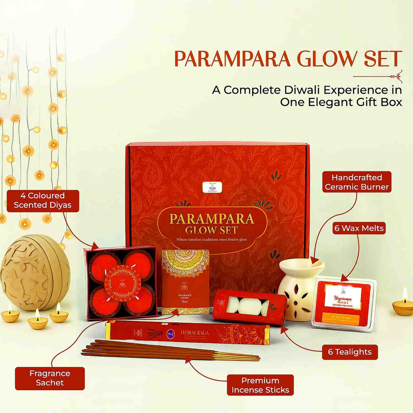 Welburn Veda&Co® Parampara Glow Diwali Gift Box | Ceramic Aroma Burner, Wax Melts, Tealights, Scented Diyas, Fragrance Sachet & Incense Sticks | Festive Home Decor & Premium Gifting Set
