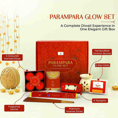 Welburn Veda&Co® Parampara Glow Diwali Gift Box | Ceramic Aroma Burner, Wax Melts, Tealights, Scented Diyas, Fragrance Sachet & Incense Sticks | Festive Home Decor & Premium Gifting Set