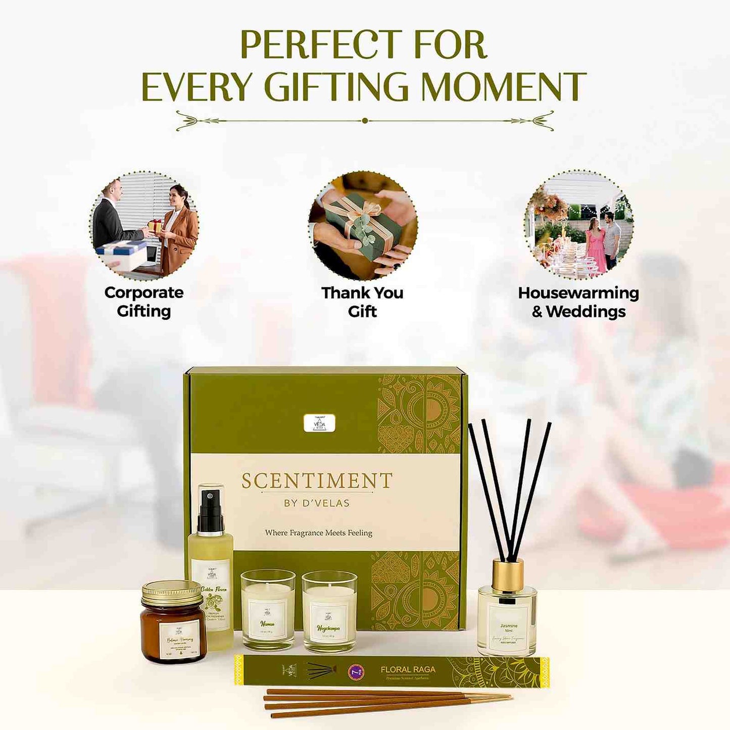 Welburn Veda&Co® Scentiment Home Fragrance Gift Set | Aromatherapy Candle, Room Spray, Reed Diffuser, Votives & Incense Sticks | Relaxing Gift Box for Home Decor, Ambience & Festive Gifting