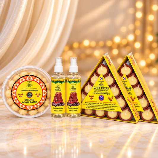 Ghee Diya (60 Pcs), Ghee Batti (100 Pcs) & Puja Spray (2 Pcs) Combo