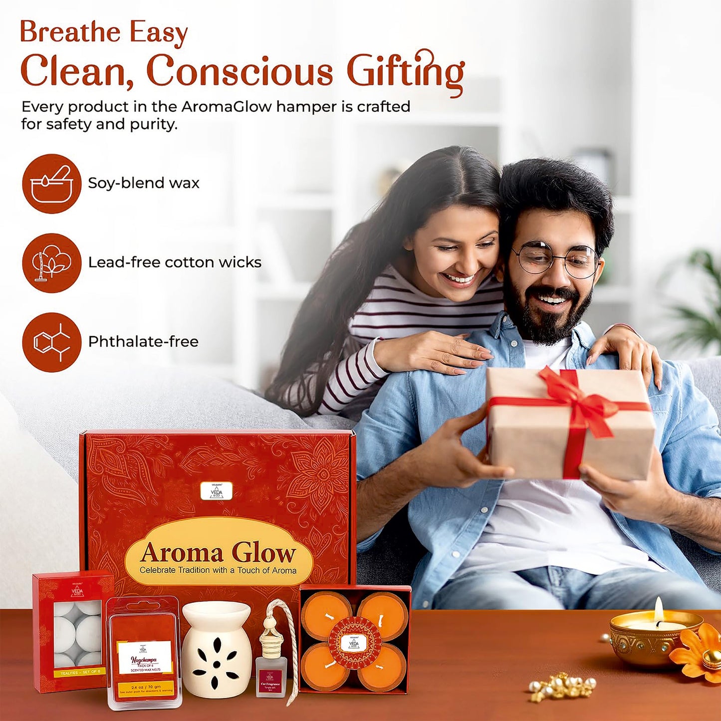 Welburn Veda&Co® AromaGlow Diwali Gift Hamper | Ceramic Oil Burner with Wax Melts, Tealight Candles, Car Perfume, Scented Diyas | Premium Home & Office Festival Gift Set | Decorative & Aromatic Combo