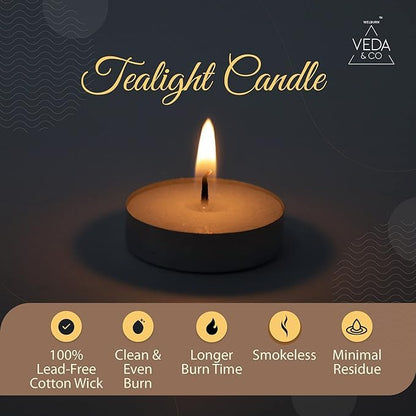 Welburn Veda&Co® Wax Unscented Tealight Candles Pack of 75 for Diwali Decoration | Burn Upto 4 Hour | Paraffin Free & Smokeless | Candles for Home Decor, Office & Special Occasions