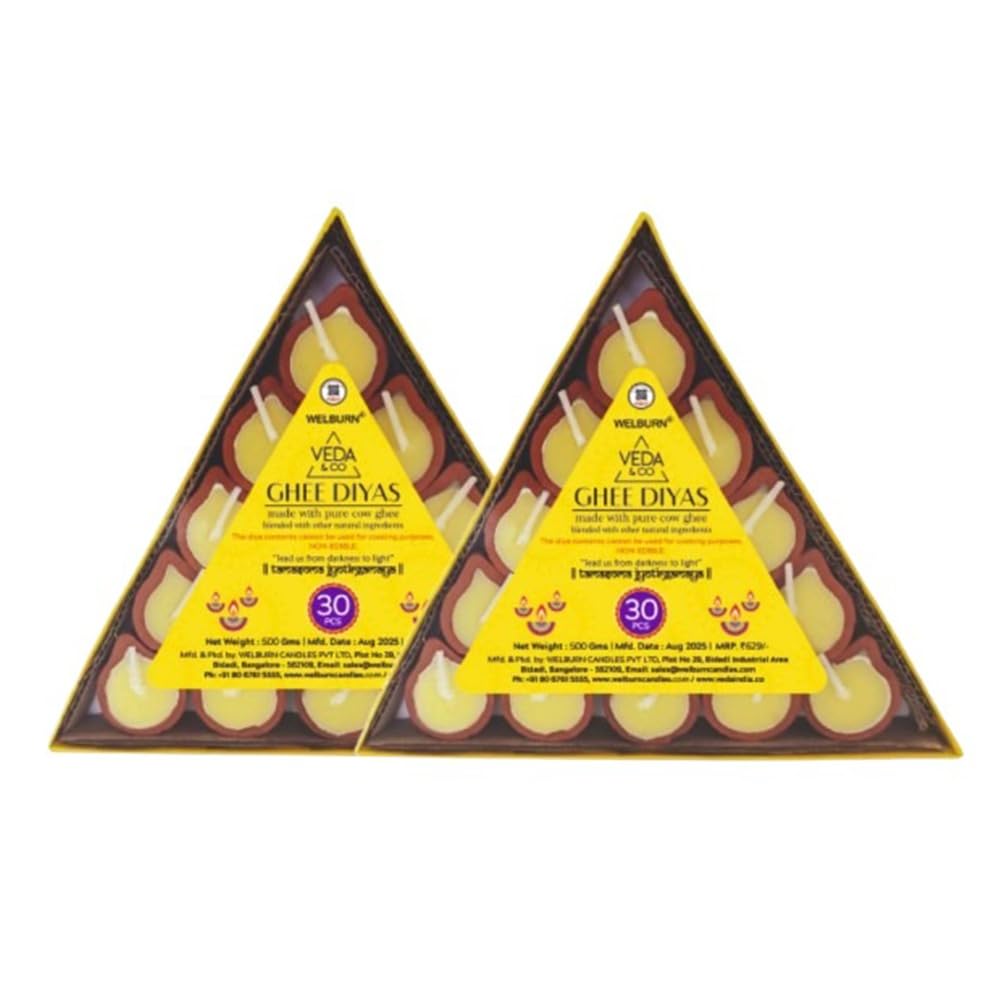Welburn Veda&Co® Pure Cow Ghee Diya 60 pcs for Puja & Diwali Decoration | Upto 50-55 Burn time | Smoke Free | Diyas for Pooja Havans & Religious Rituals,Festivals | Ready to use