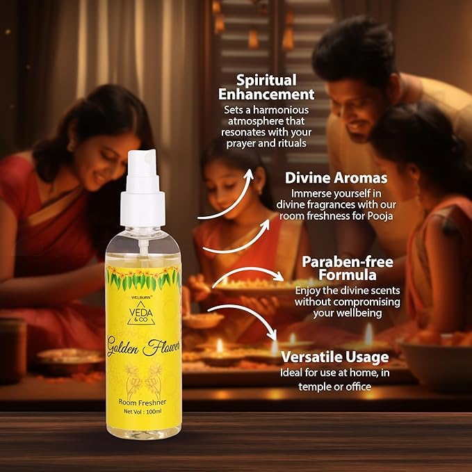 Welburn Veda&Co® Room Freshener for Puja – 100ml (Pack of 2) | Golden Flower Fragrance | Long-Lasting Air Freshener for Home, Office & Daily Use