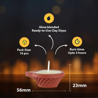 Welburn Veda&Co® Lavender Scented Diya for Puja (10 Pieces), Clay Diya Batti with Cotton Wick, Upto 3hrs Burning Time, Ghee Blended Ready to Use Diyas, Premium Puja Fragrance -Scented Puja Diya