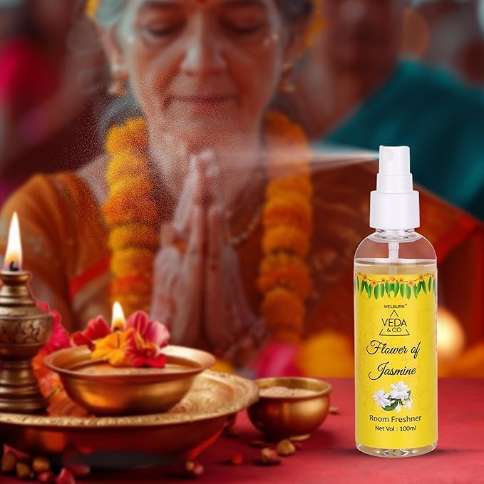 Welburn Veda&Co™ Room Freshener for Puja -100ml (Pack of 2)| Jasmine Fragrance | Long Lasting Air Freshener for Office & Home