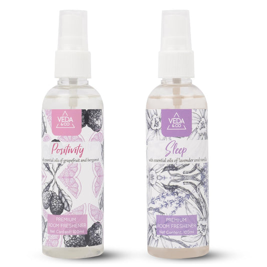 Welburn Veda&Co® Aromatherapy Room Freshener – Combo Pack of 2 (100ml Each) | Induces Positivity, Relaxation & Sleep | Long-Lasting Air Freshener Spray for Home, Office, Puja Room & Special Occasions