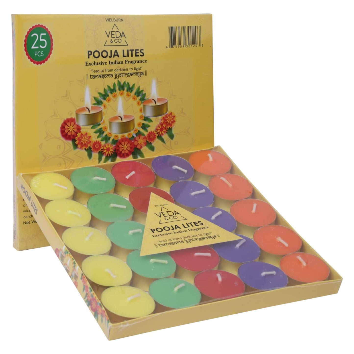 Welburn Veda&Co® Pooja Scented Tealight Candles wih Temple Bells Fragrance | Upto 4 Hours Burning Time| Made with Deepam Oils & Natural Waxes for Home Temple, Offices & Special Occasions Multicolor