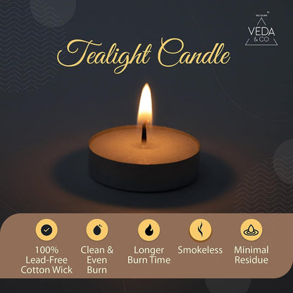 Welburn Veda&Co® Wax Unscented Tealight Candles Pack of 100 for Diwali Decoration | Burning Time Upto 4 Hours | Paraffin Free & Smokeless | Candles for Home Decor, Offices & Special Occasions