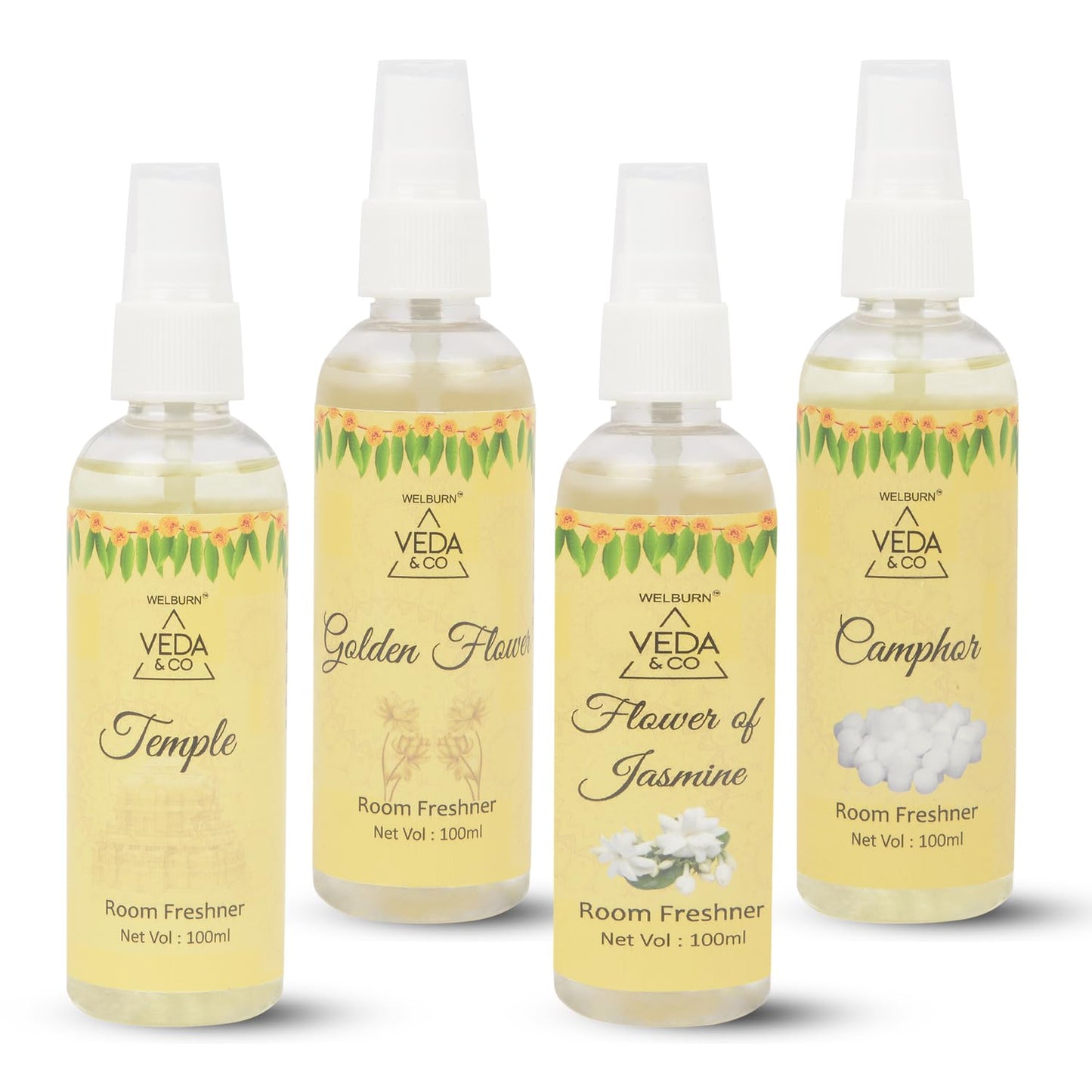 Welburn Veda&Co® Room Freshener for Puja - Combo Pack of 4 (100ml each) | Jasmine, Camphor, Golden Flower & Temple Fragrance | Long Lasting Air Freshener for Home & Office